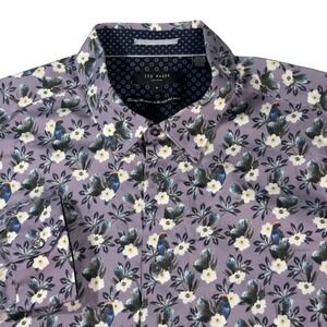 Ted Baker Button Down Mens 6 Purple Excellent Floral Parrot Print Long Sleeve